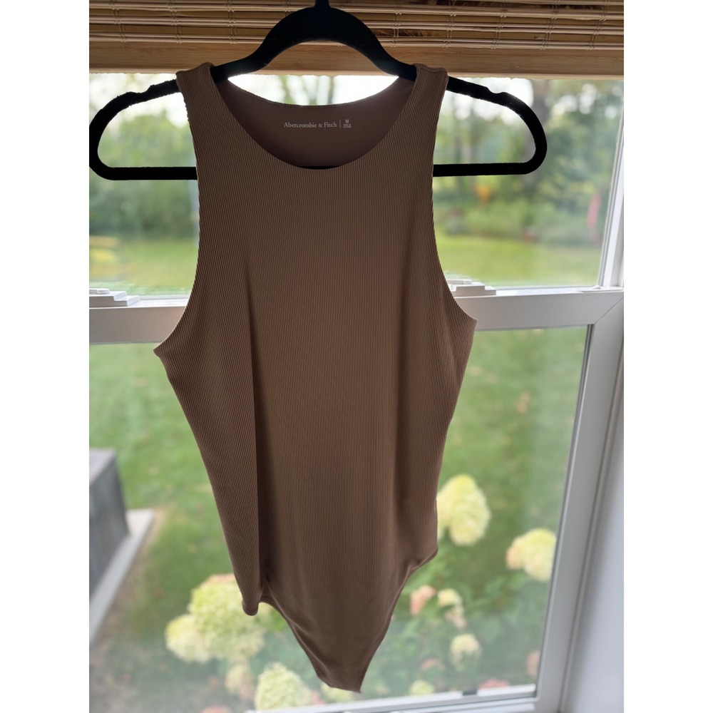 Abercrombie & Fitch Bodysuit Women M Tan Ribbed High Neck Racerback Sleeveless